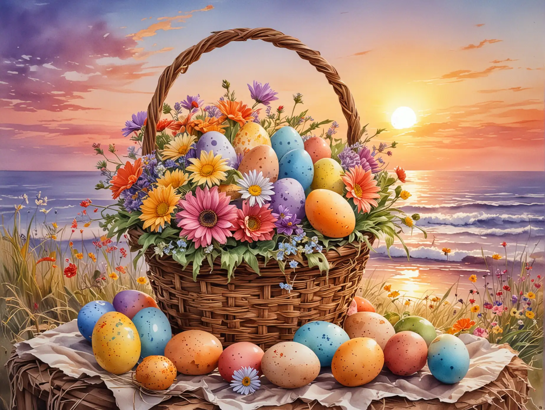 with flowers and colorful eggs in a basket, against sunset, watercolor drawing, detailed drawing, high quality