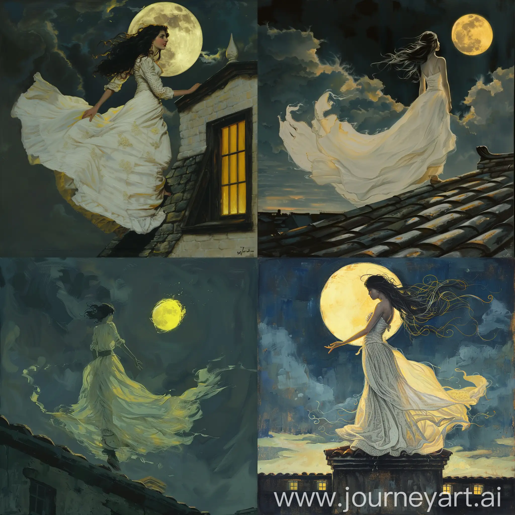 Renaissance-Woman-Standing-on-Rooftop-at-Night-with-Flowing-White-Dress