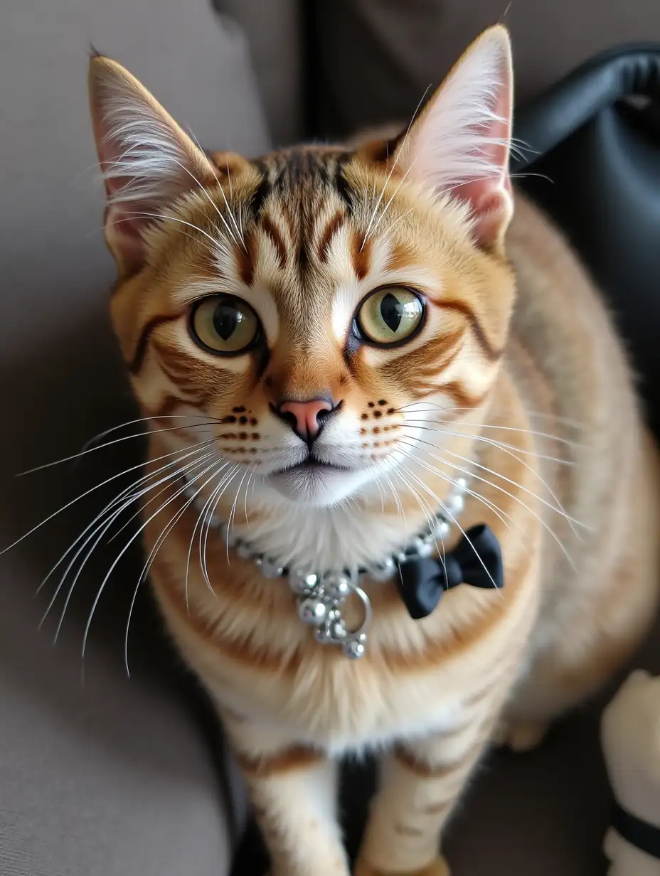 Abyssinian cat medium size, AirPods white headphones, pretty heart-shaped earrings with black bow, small silver pendant, husky dog toy, black bag