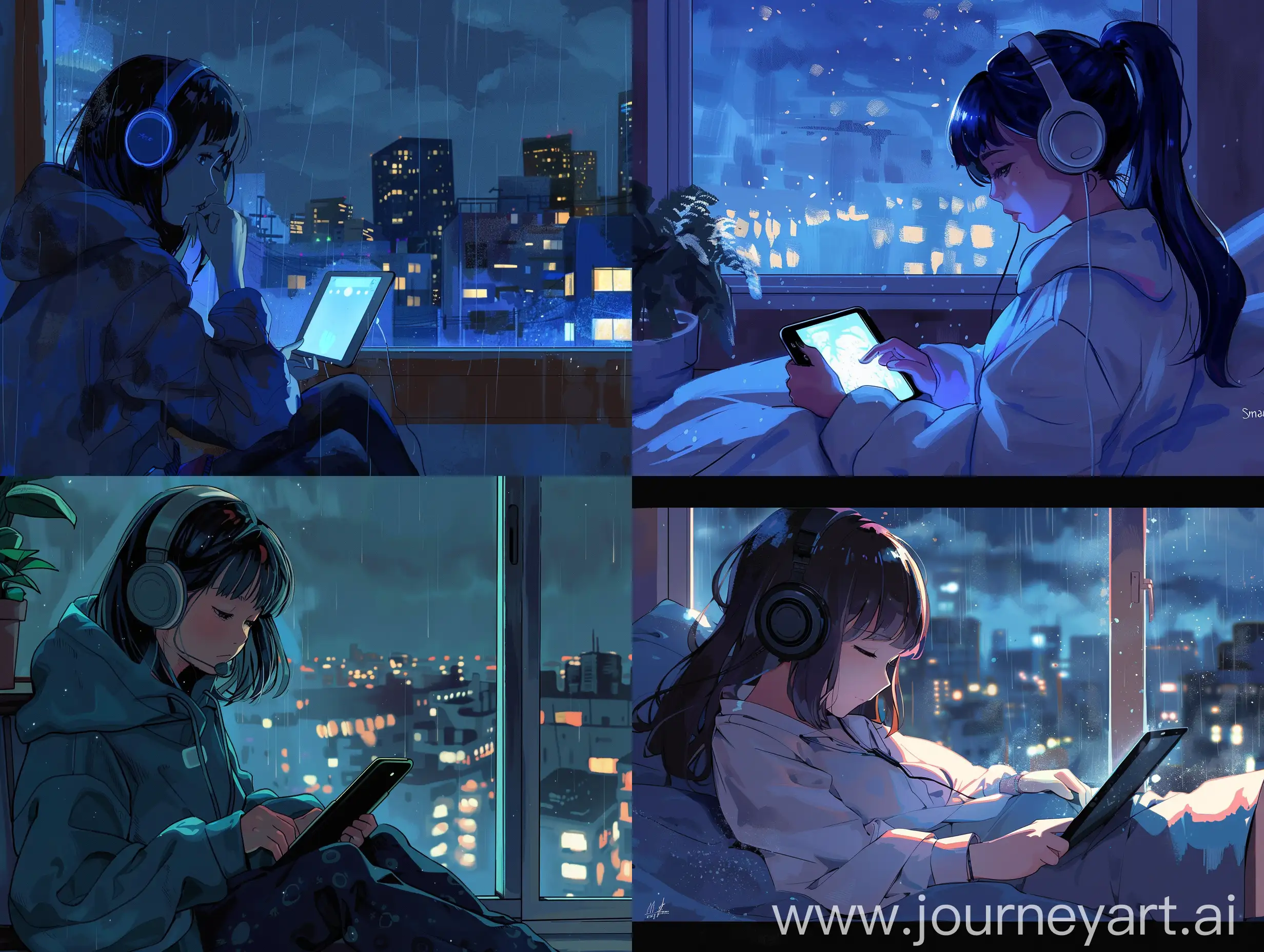 Girl-Relaxing-with-Headphones-and-iPad-at-Night-by-the-Window