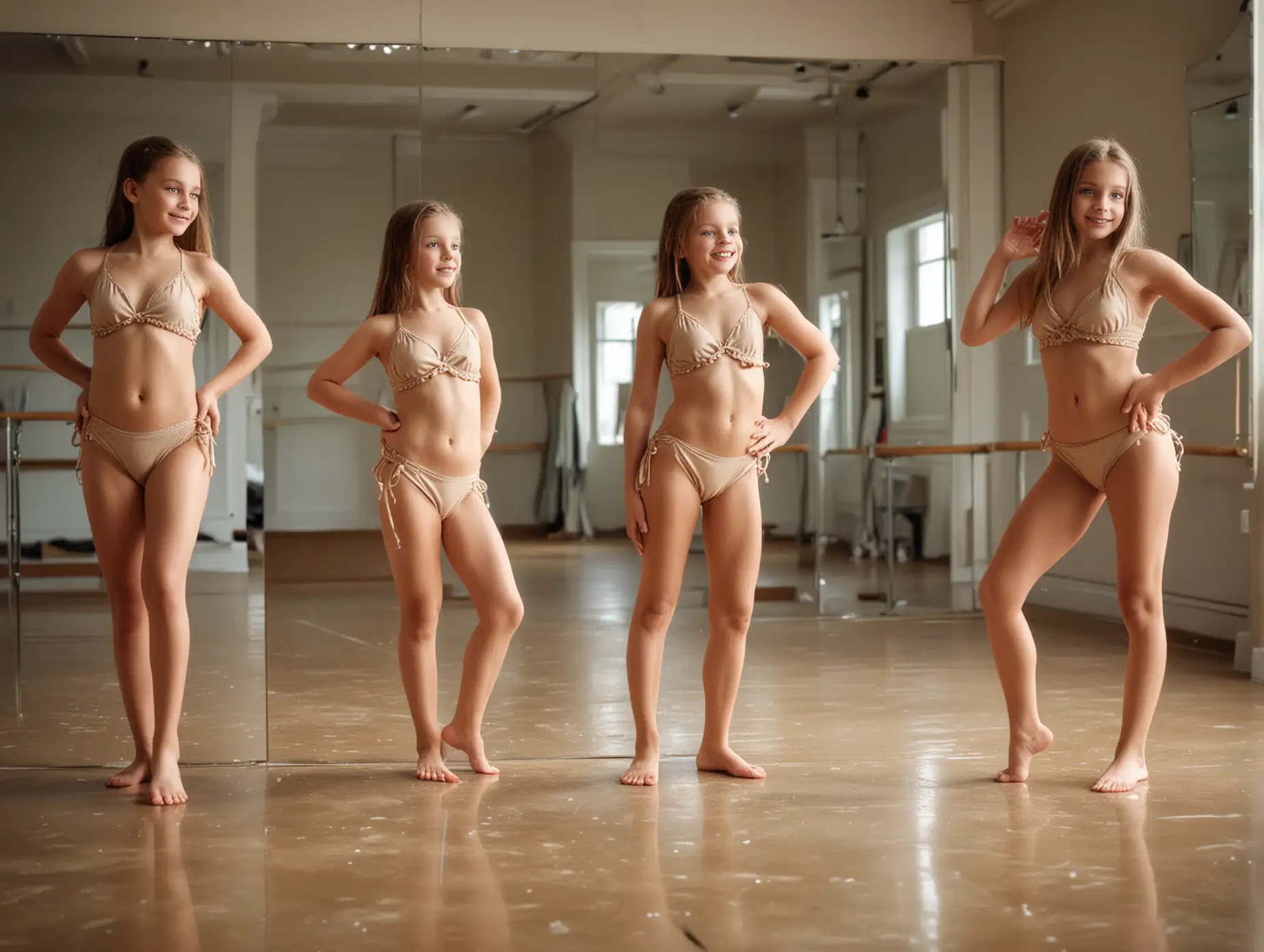 Three-Young-Girls-in-SandyColored-Bikinis-Posing-in-a-Dance-Studio-Mirror