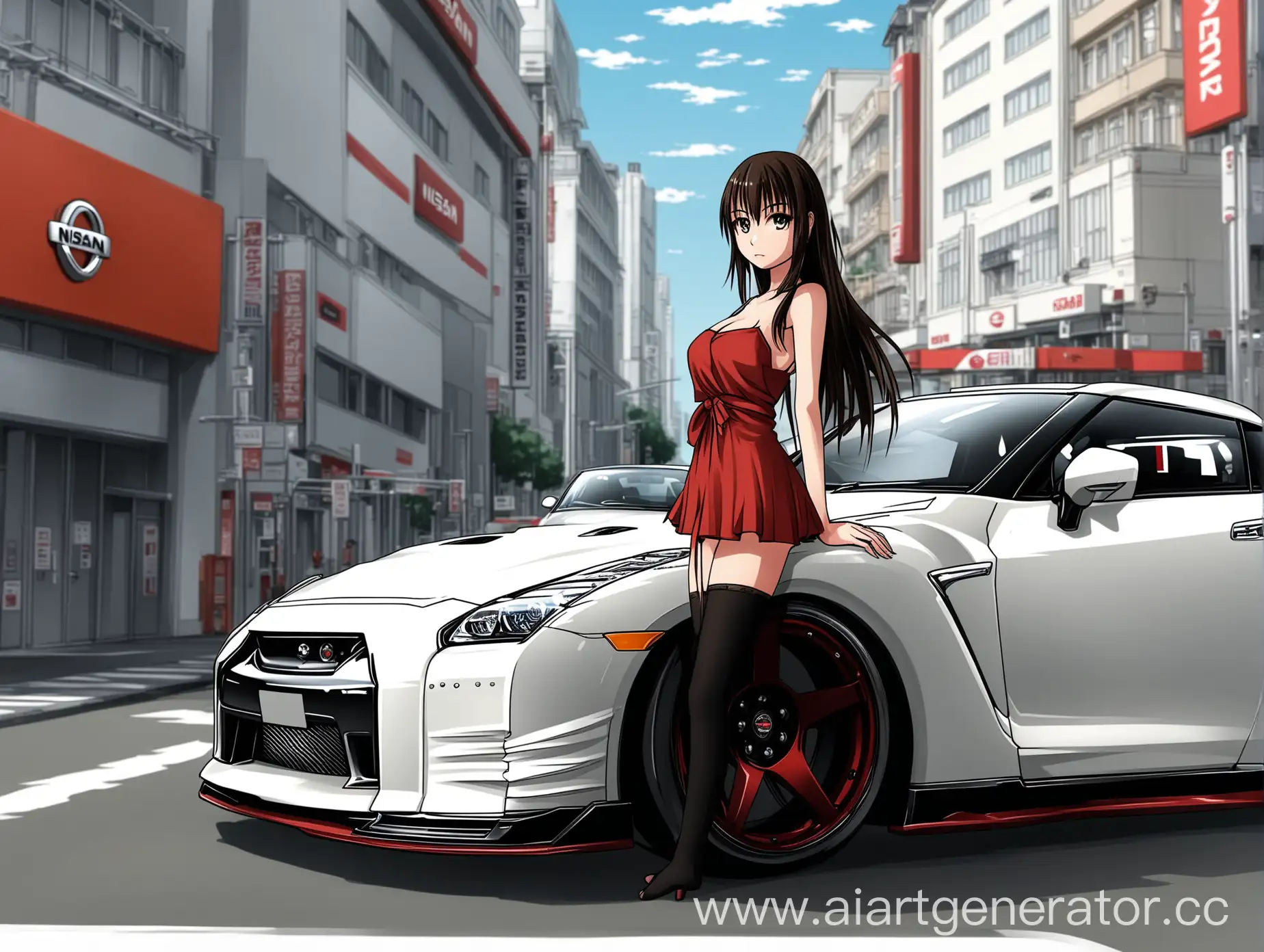 anime girl near Nissan GTR  in the city