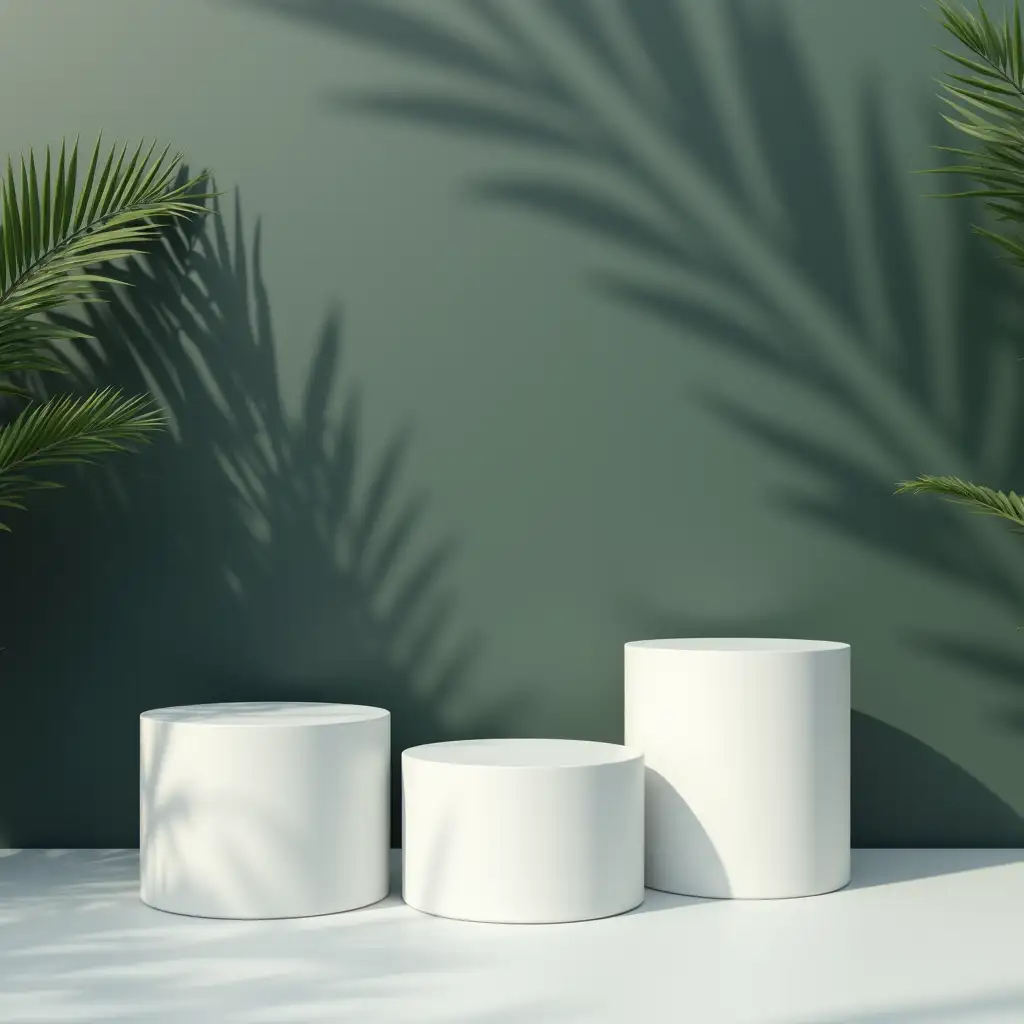 A minimalist, product display mockup, featuring four white cylindrical podiums against a dark, muted green textured wall with the shadows of tropical palm leaves.  The texture of the wall and shadows must create a realistic 3D effect, subtly reflecting natural light.