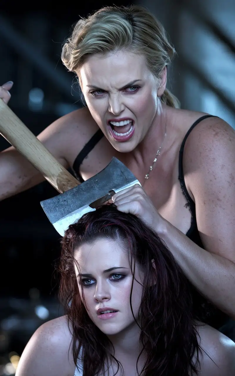 Charlize-Theron-Crushing-Kristen-Stewarts-Head-with-Hatchet-in-Cinematic-Scene