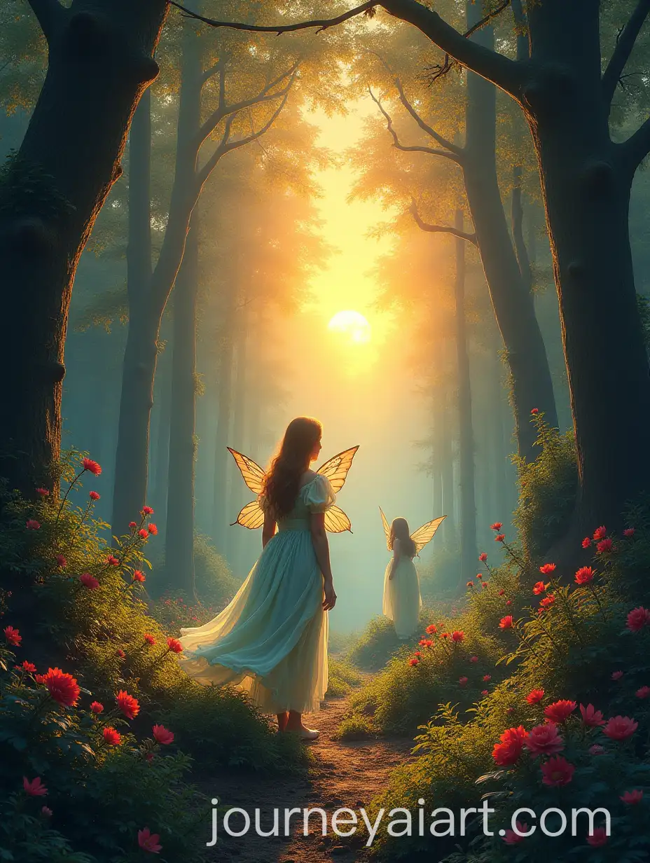 Enchanted-Forest-at-Sunset-with-Fairies-and-Mythical-Creatures