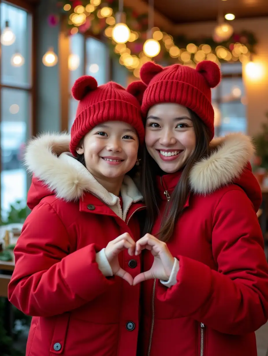 A loving Thai mother and her adorable young child pose together in a cozy café during winter. They are both dressed in matching vibrant red winter coats with fur-trimmed hoods. The child wears a cute red hat with bear ears and a white fur lining, radiating warmth and joy. They form a heart shape with their hands, symbolizing love and happiness. The background showcases a softly lit café with warm lighting, floral decorations, and a snowy city street visible through large windows. The scene exudes warmth, family love, and festive cheer.