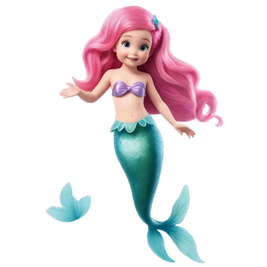 a cute baby girl mermaid with pink hair, a pink costume and a pink tail