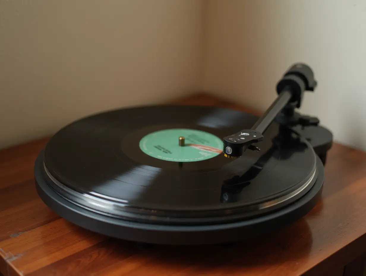 a vinyl record turntable on a wooden table