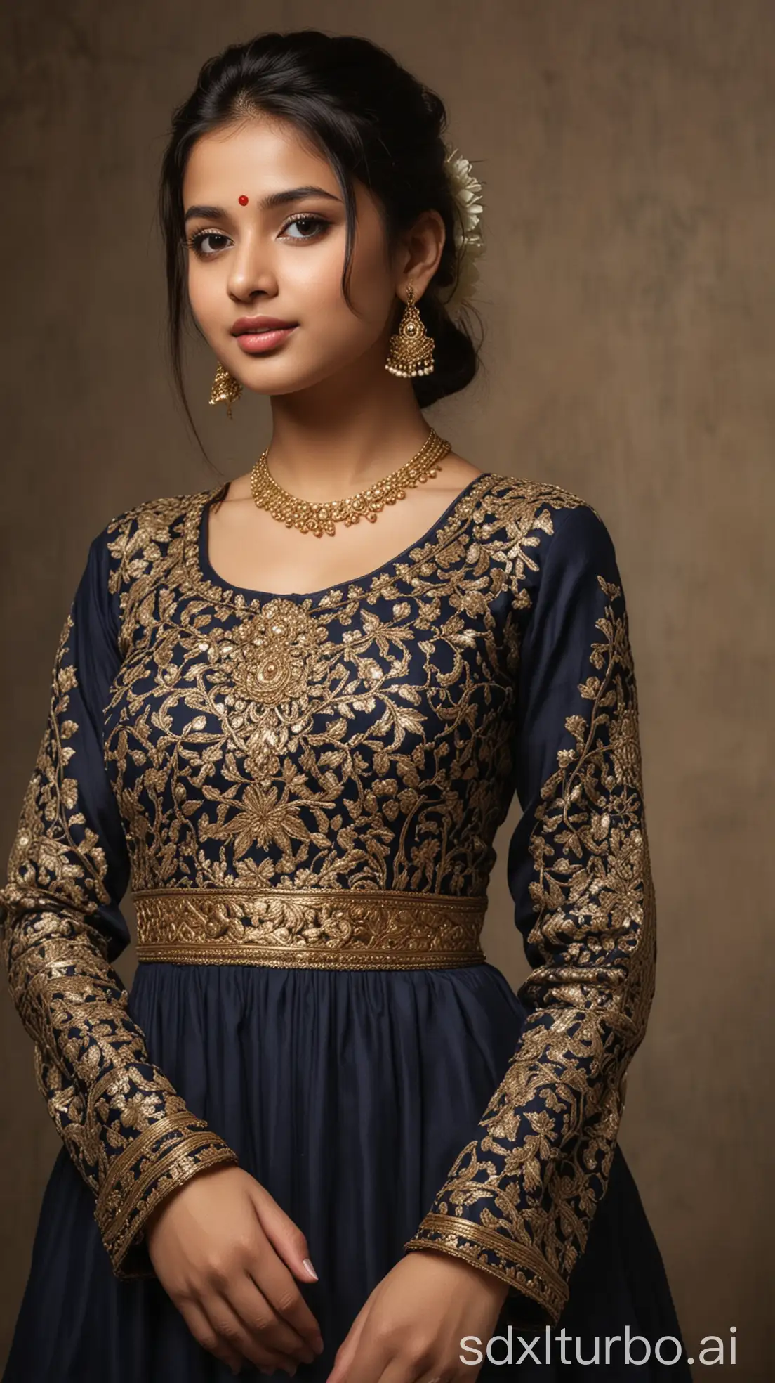 Elegant-Indian-Teen-in-Navy-Blue-Anarkali-Suit-Taking-a-Selfie