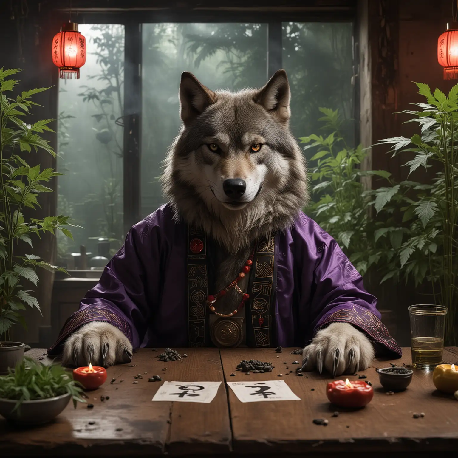 The photo depicts a muscular wolf sitting at the end of a long table, exuding a powerful, boss-like presence reminiscent of a mob leader. The wolf is dressed in Chinese traidtional garb
 The setting is low-lit, creating a dramatic, cinematic atmosphere. On the table in front of the wolf, there are green cannabis and purple strains, contributing to the urban vibe. The wolf is holding an "OK" sign in the air with one paw, and the environment is subtly modern, with hints of technology around. The wolf's head is unique, combining features of Pac-Man and a smiley face, with eyes shaped like ellipses.
