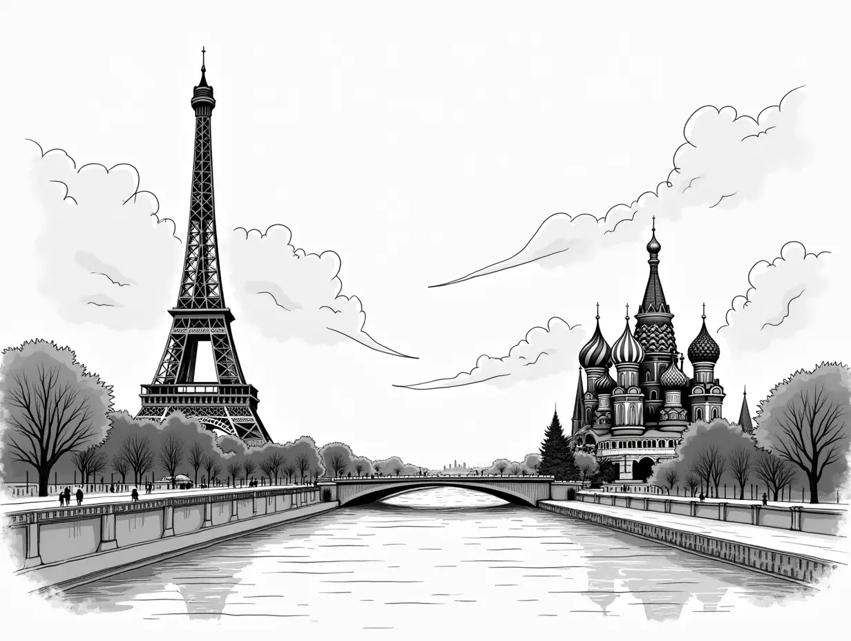 old cartoon black and white style paris and moscow they need to be  divided on both sides like on logo