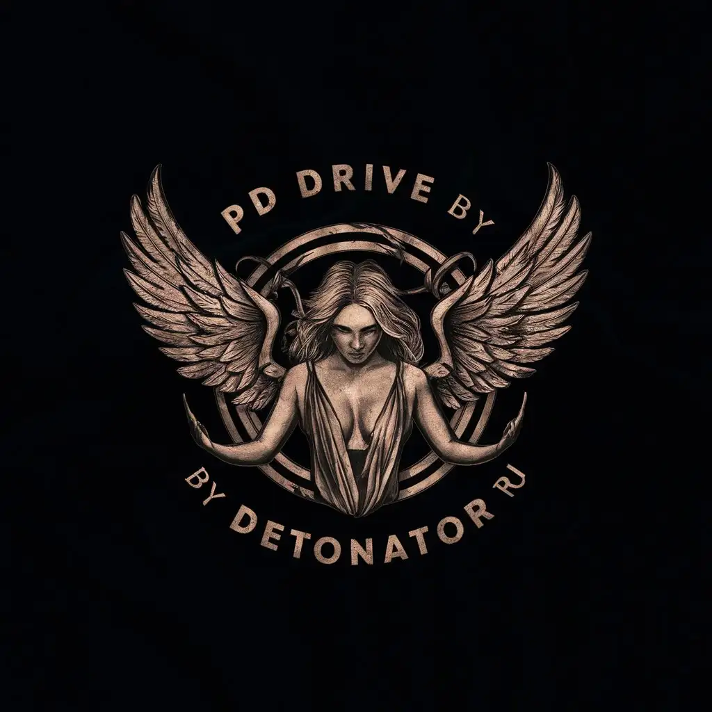 LOGO Design For PD Drive by Detonator RU Angelic Wings in Vintage Style on Black Background