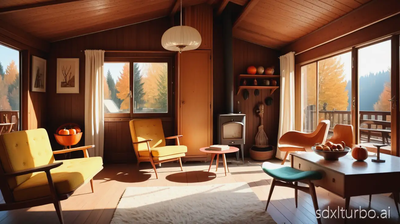 Room interior. Mid-century French chalet. Sunny auttumn day.