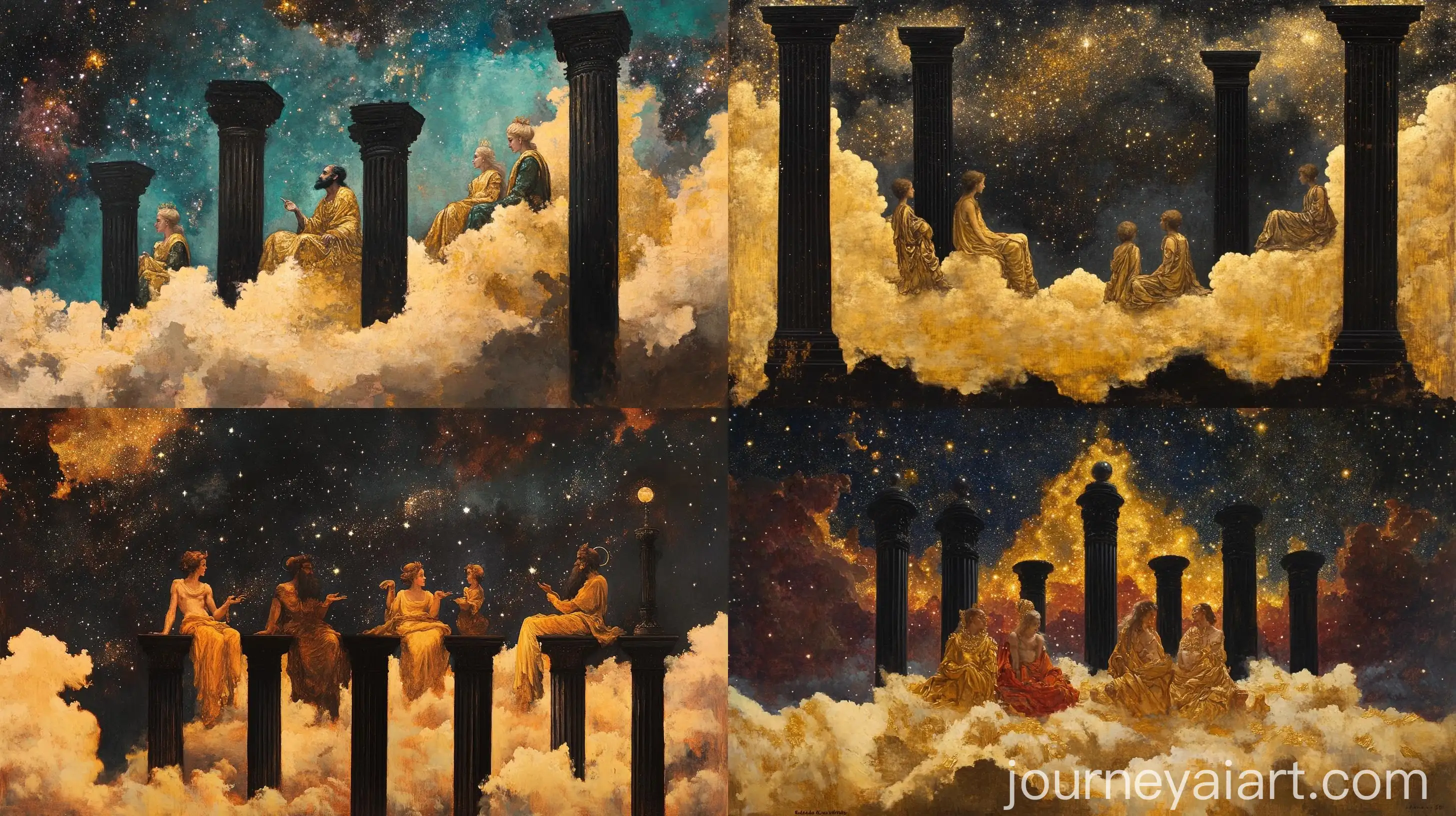 Family-of-Gods-Sitting-on-Golden-Clouds-with-Starry-Sky-Background