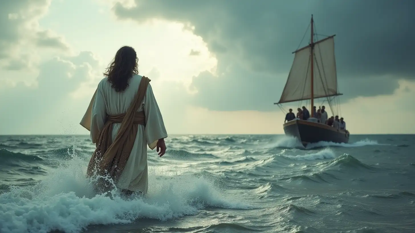 Rugged Jesus Walking on Water Amid Stormy Seas