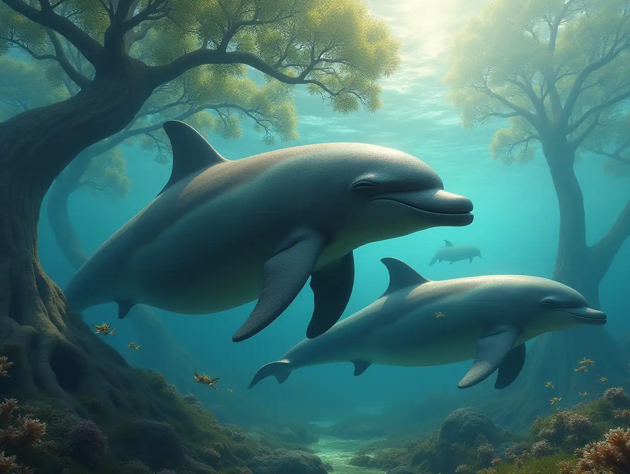 A very detailed photo. A full body representation of an Animal-Hybrid bodybuilder and Dolphinidae along with Dolphinidae in a sea with very large trees