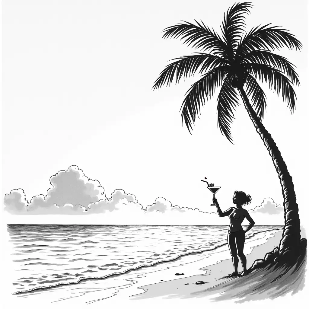 Drawing in black and white of a Sunset on the Beach under a coconut tree, with cocktail holding up