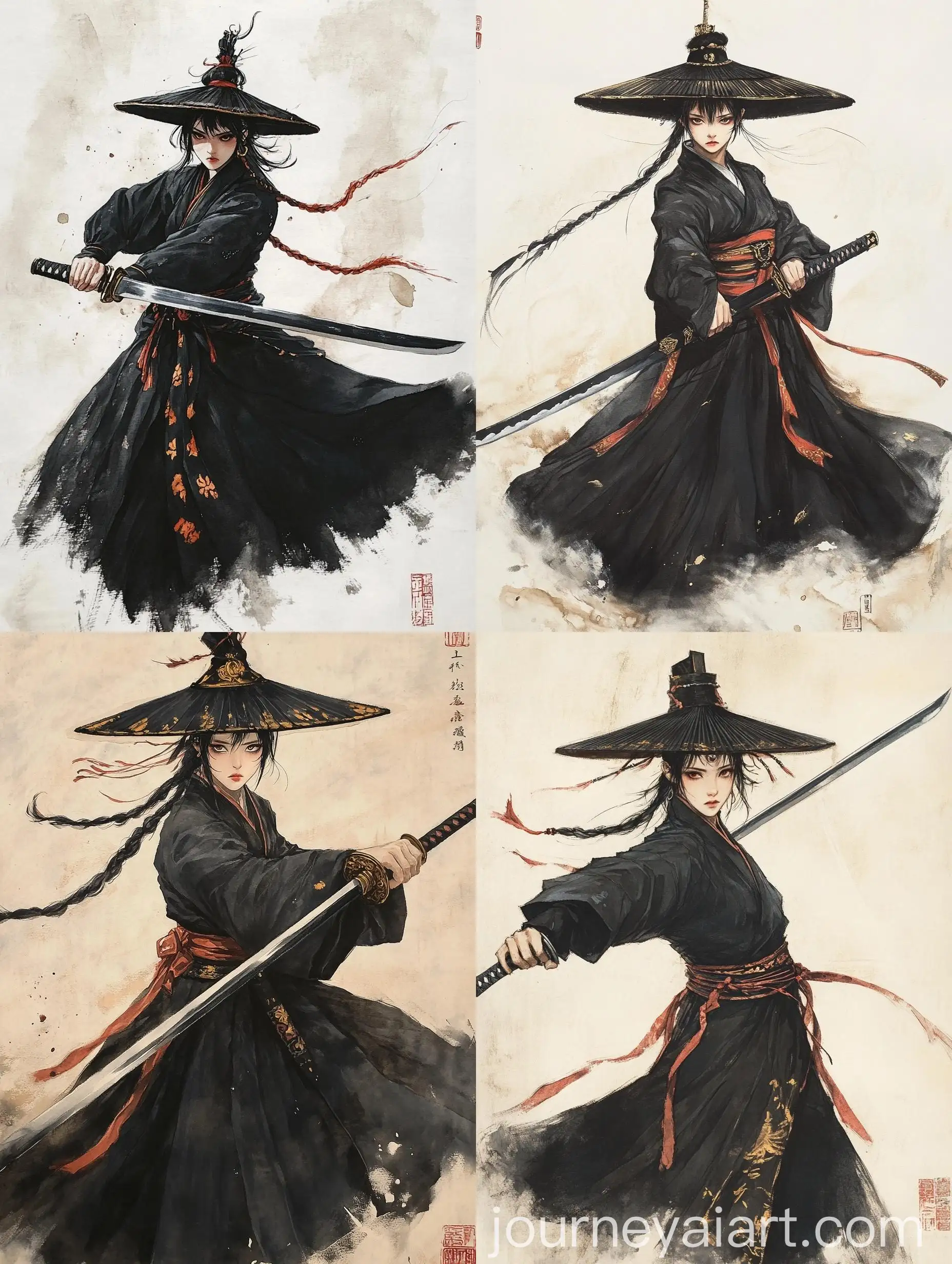 Traditional-East-Asian-Brush-Painting-of-Grim-Female-Warrior-with-Sword
