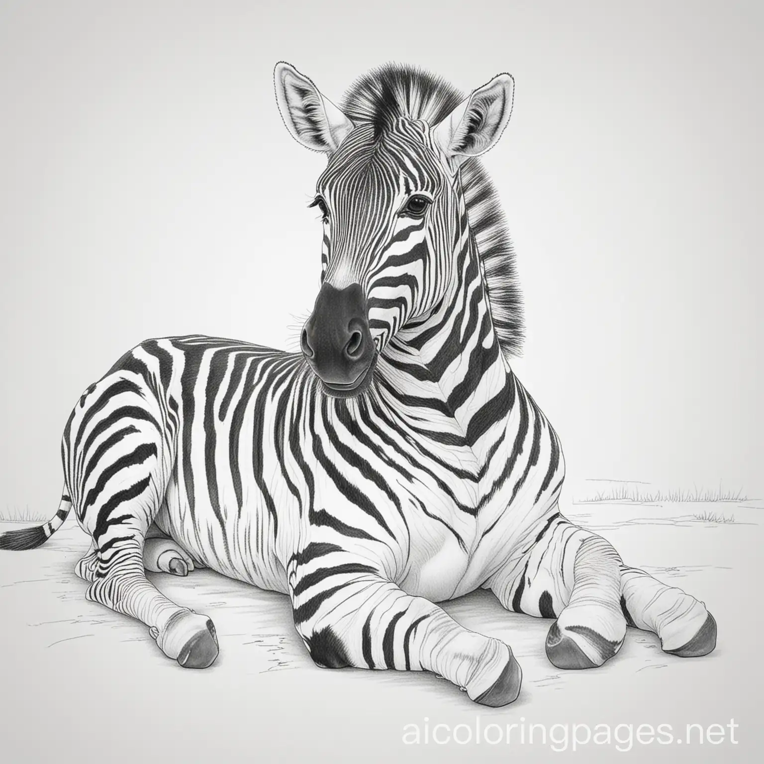 zebra laying down, front view, laying down facing front, Coloring Page, black and white, line art, white background, Simplicity, Ample White Space. The background of the coloring page is plain white to make it easy for young children to color within the lines. The outlines of all the subjects are easy to distinguish, making it simple for kids to color without too much difficulty