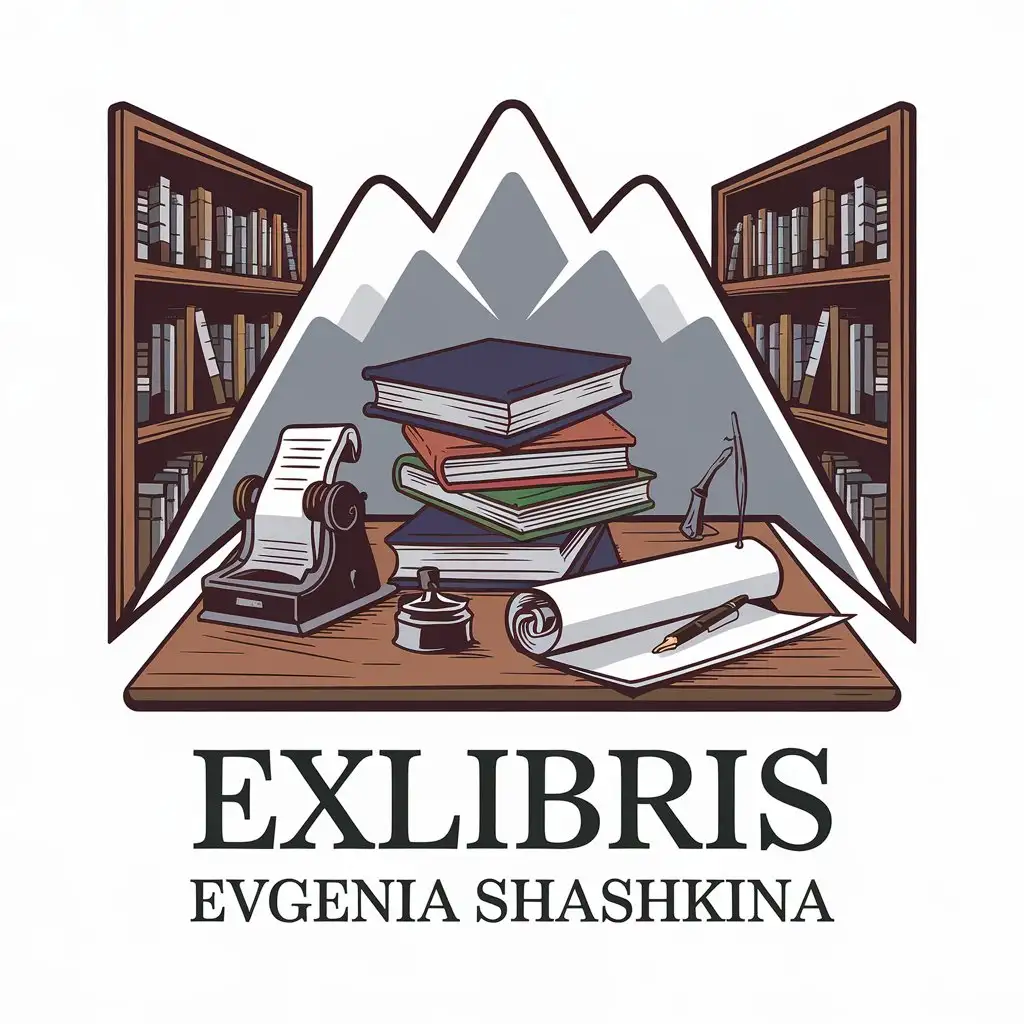 a vector logo design,with the text "Exlibris Evgenia Shashkina", main symbol:A table stands, on the table a stack of books, on the books lies a parchment scroll, there is an inkwell with a pen. Nearby, a printing machine, in the background, bookcases with books transitioning into a mountain range,Moderate,clear background