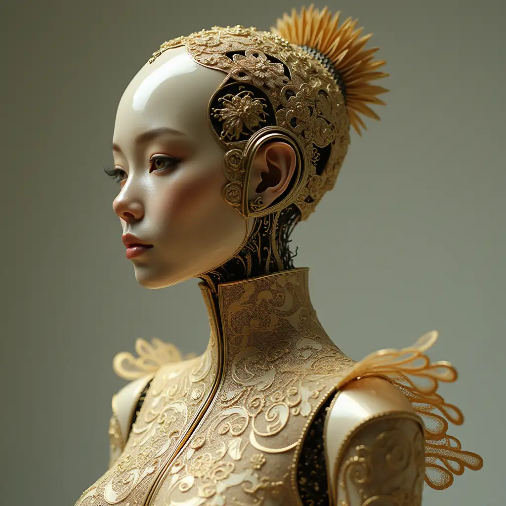 female robot, a haute couture garment made of gold filigree, a cutout design, a delicate lace pattern, intricate details, metallic feathers, in an ancient Chinese style, with exquisite details, chowboy shot, biomimicry, metallic particles, surreal, calm, classic, details, wide shot, cinematic quality, minimalism