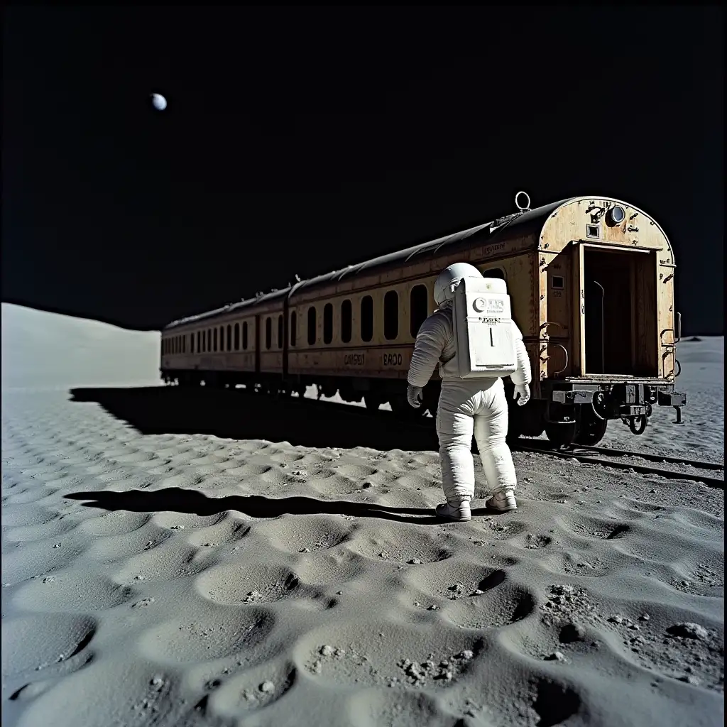 An astronaut in a spacesuit examines an abandoned train on the surface of the Moon, photo