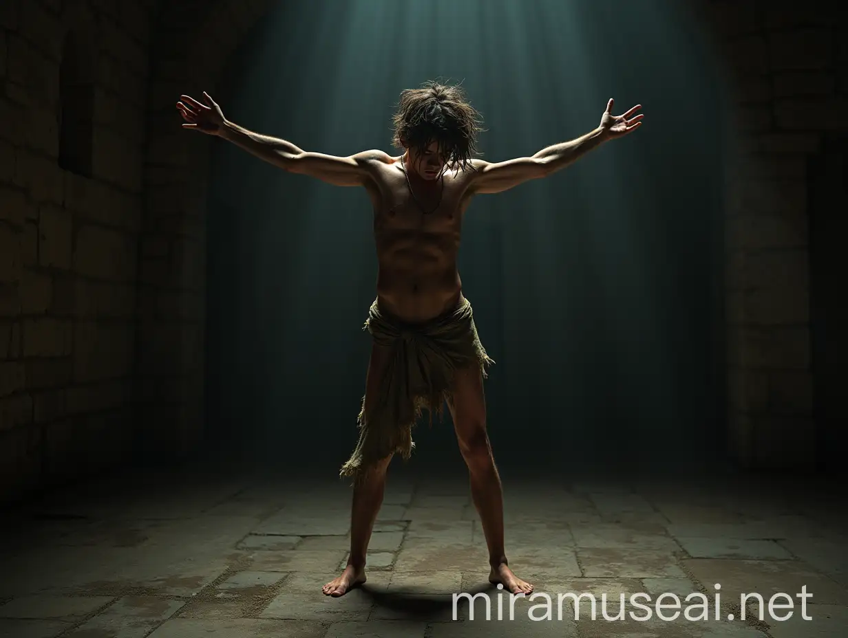 A low angle, full body shot of an extremely lean, handsome young man, about 18 years old, standing barefoot on his toes on a cold, dirty stone floor in a dimly lit, wide ancient vault. His body is positioned to the left, showing his right side, his head bowed humbly, gazing at the floor, his long, tousled hair unkempt. His slender, delicate frame glistens with sweat. He wears a ragged, torn and ripped loincloth, thin with age, barely covering his dirty body. His expression is desperate, begging and fearful, accentuating his vulnerability. He stretches his arms out, above his head, as much as possible crossing his wrists high up in the air. His lean body maximally stretched out. The damp prison walls, thick with dust, dirt, and cobwebs, heighten the oppressive atmosphere. Faint light filters through a small grated window, casting dramatic shadows across the scene. The dramatic interplay of light and shadow focuses on extreme realism, capturing the suffering of the young man and the harshness of his environment, with vivid colors and meticulous attention to every agonizing detail. Shot with a Nikon Z7 II, 50mm f/1.4 lens, shallow depth of field.