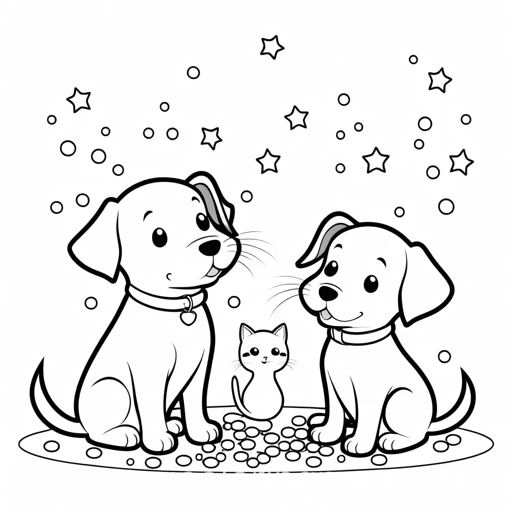 Cute-Puppy-and-Kitten-Blowing-Confetti-Coloring-Page