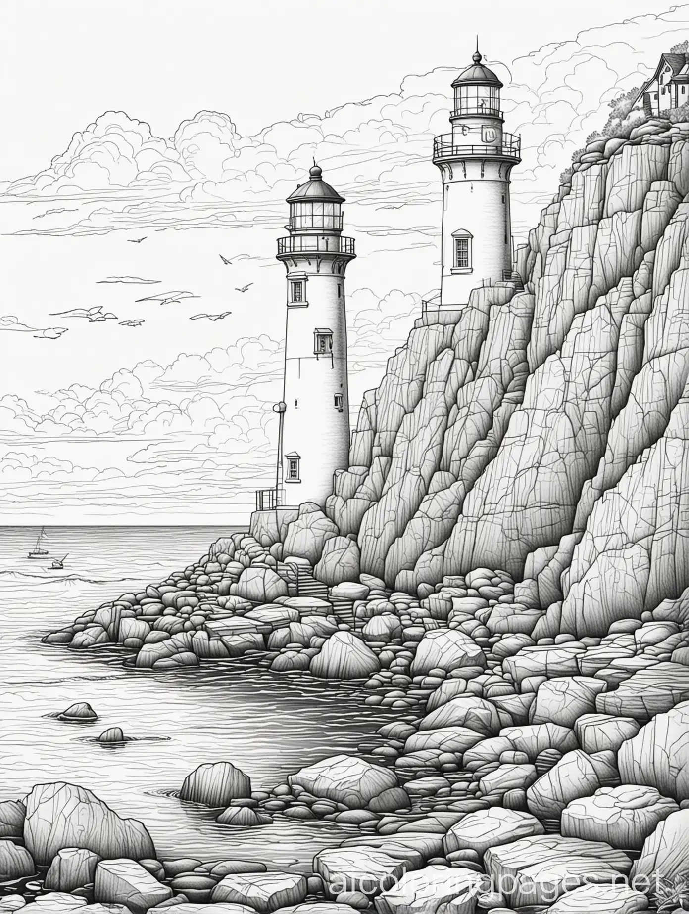 Lighthouse on a pier surrounded by rocks, Coloring Page, black and white, line art, white background, Simplicity, Ample White Space. The background of the coloring page is plain white to make it easy for young children to color within the lines. The outlines of all the subjects are easy to distinguish, making it simple for kids to color without too much difficulty