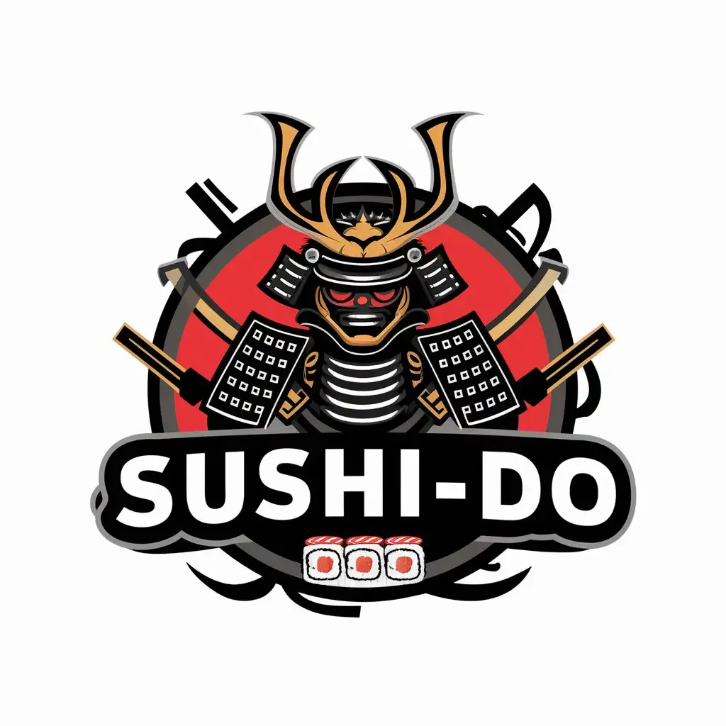 a vector logo design,with the text "Sushi-do", main symbol:Rolls, sushi, samurai, Japan,complex,clear background