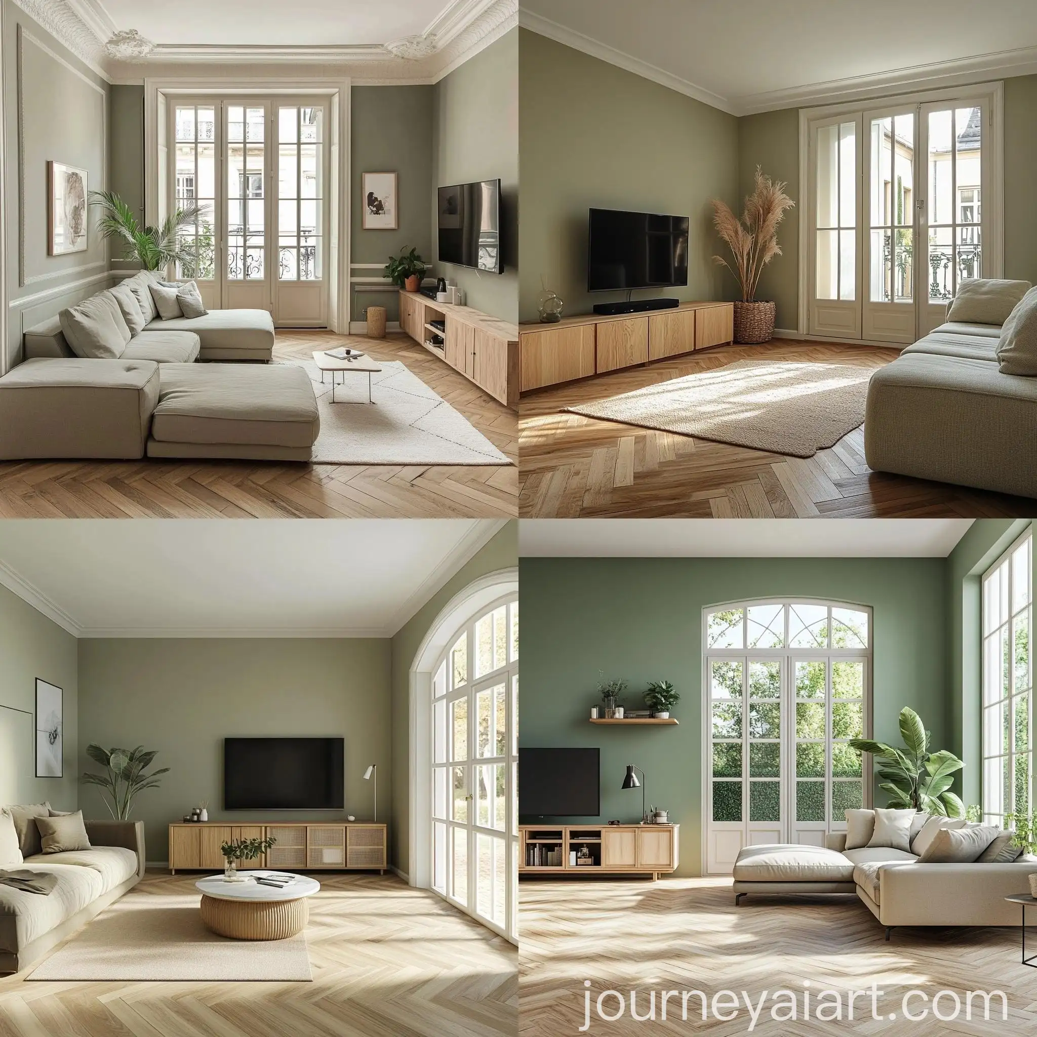 Japandi-Style-Living-Room-with-Light-Wooden-Herringbone-Floor-and-Beige-Green-Walls
