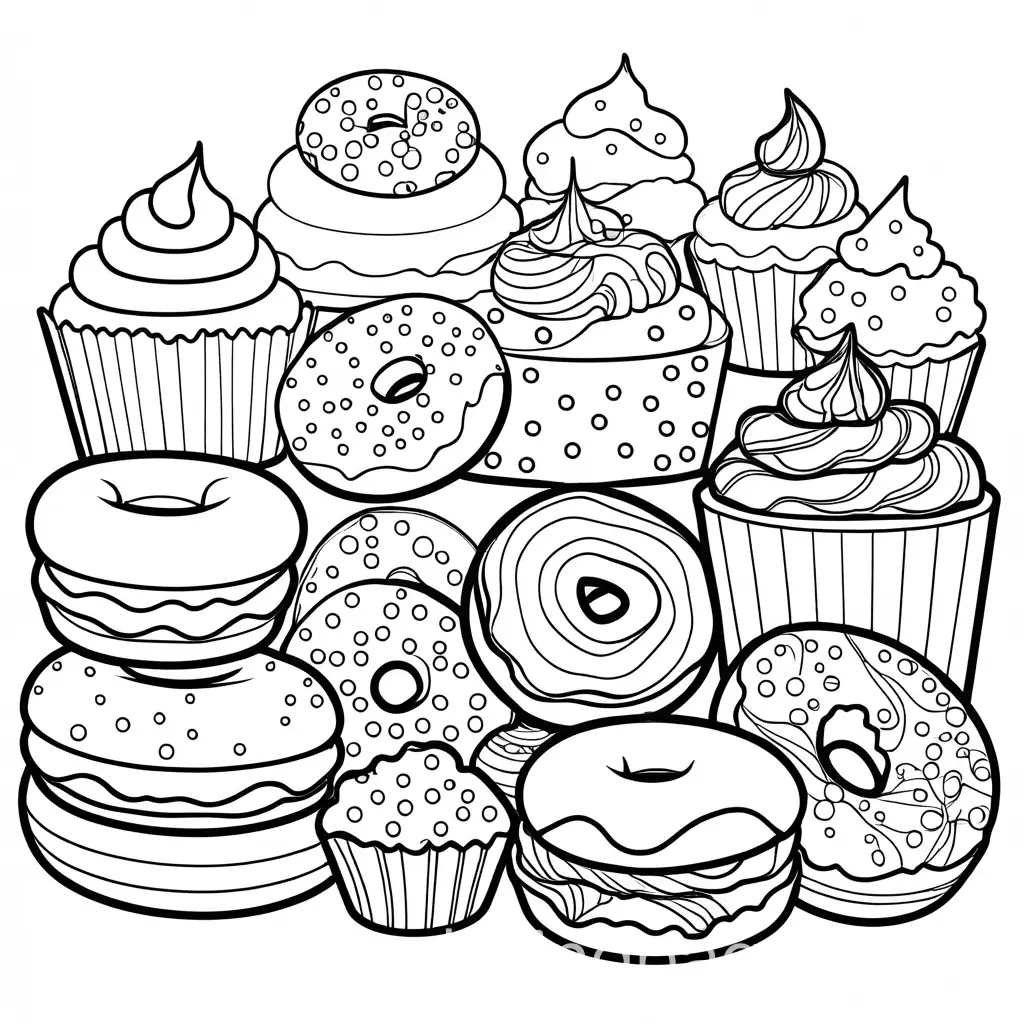 candy and doughnuts and fudge and muffins, Coloring Page, black and white, line art, white background, Simplicity, Ample White Space. The background of the coloring page is plain white to make it easy for young children to color within the lines. The outlines of all the subjects are easy to distinguish, making it simple for kids to color without too much difficulty