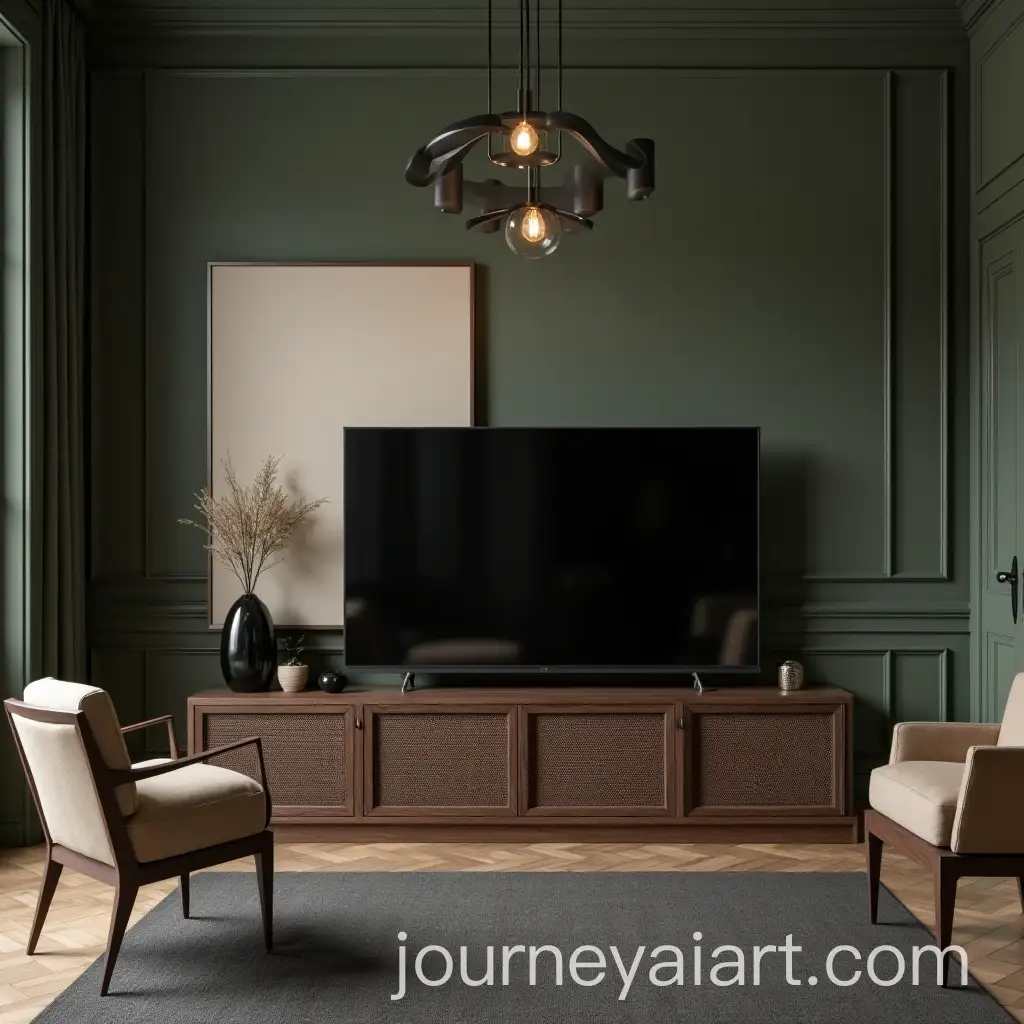 Sophisticated-Minimalist-Living-Room-with-Walnut-TV-Stand-and-Dark-Tones