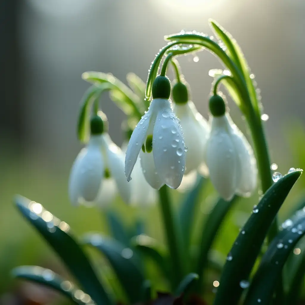 Spring, droplets, snowdrops