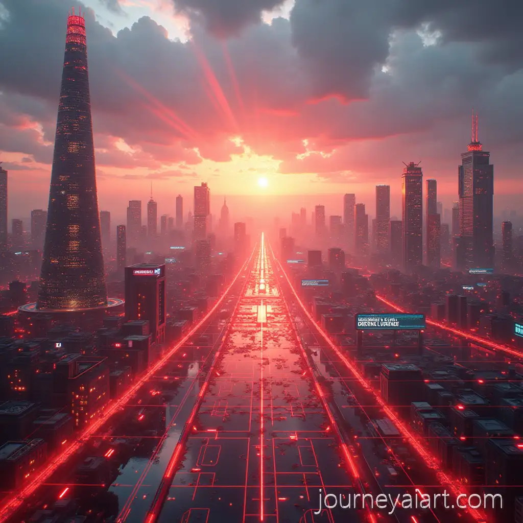 Futuristic-Cyberpunk-Arsenal-FC-Skyline-at-Dawn-with-Holographic-Victory-Monument