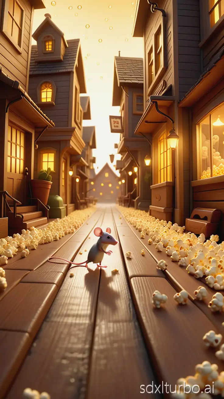 Pixar style rendering, kinetic keyframe animation, miniature city scene, mouse city hidden under wooden floor planks, miniature streets built from pencils and matches, popcorn factory spewing golden scented bubbles, mice in work clothes running and穿梭, warm yellow lighting, clear depth-of-field layers, smooth pushing-in camera angle.