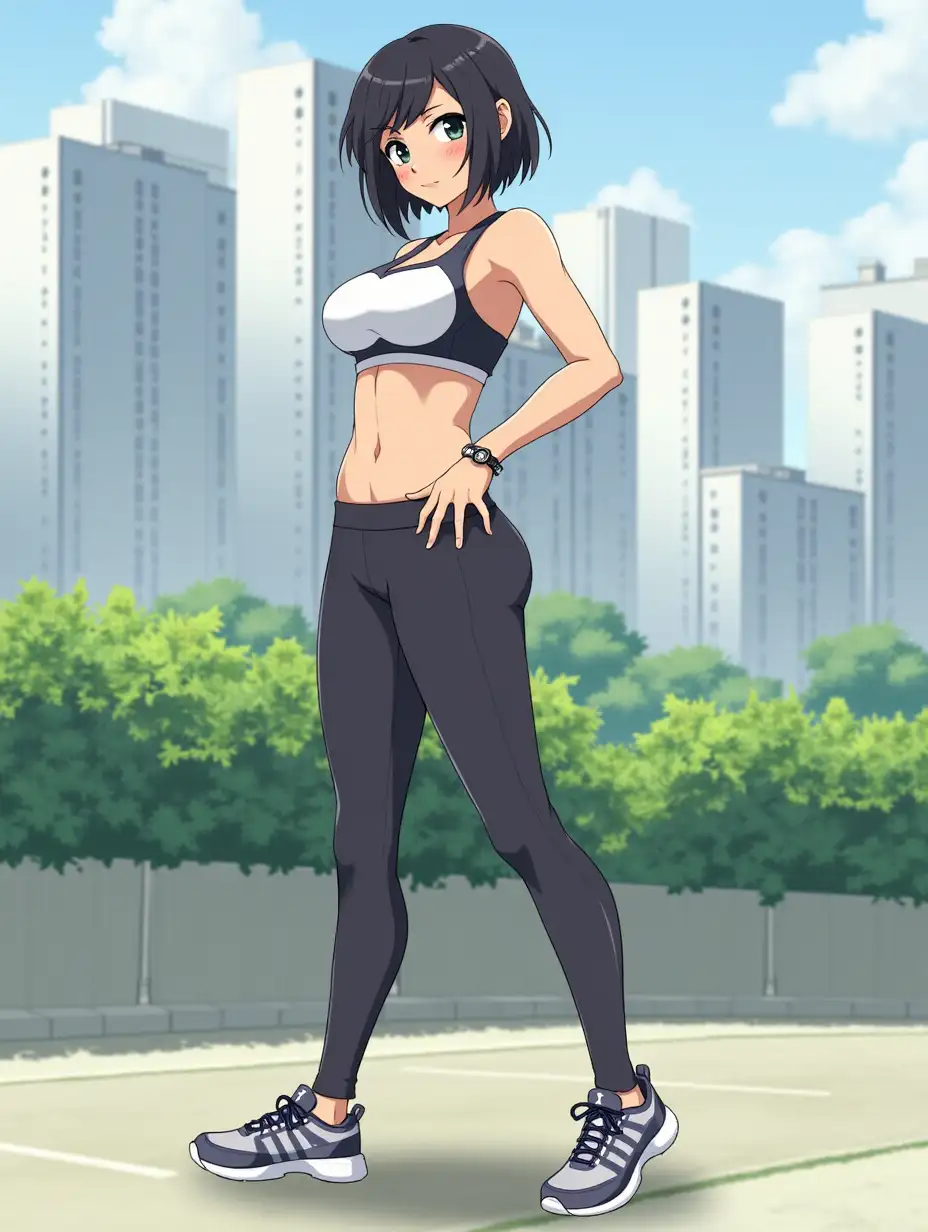 attractive, girl, sporty, tomboy, large bust, tanned, short dark hair, curly hair, pretty breasts, thin waist, sports top, dynamic pose, leggings, sneakers, city, greenery, digital art, anime, high resolution