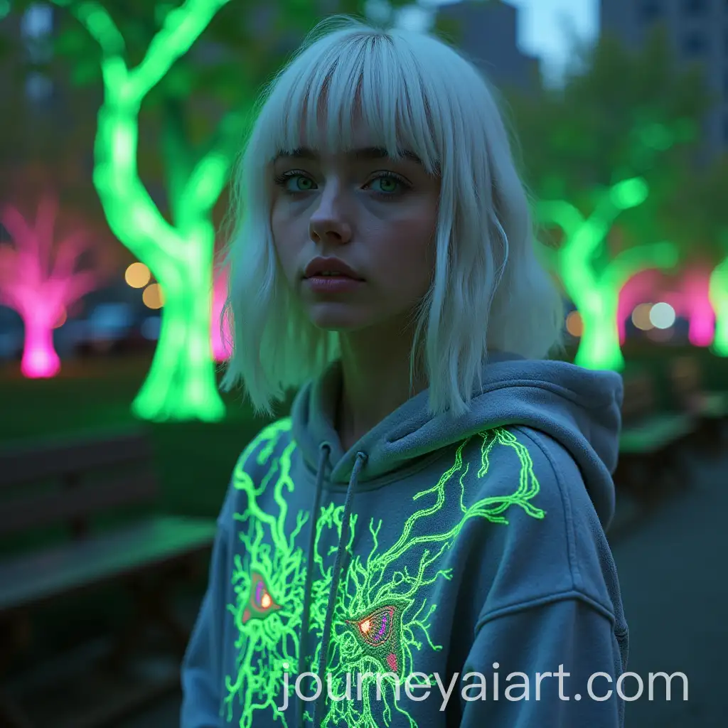 Cyberpunk-Girl-with-Platinum-Hair-in-NeonHued-Urban-Park-at-Twilight
