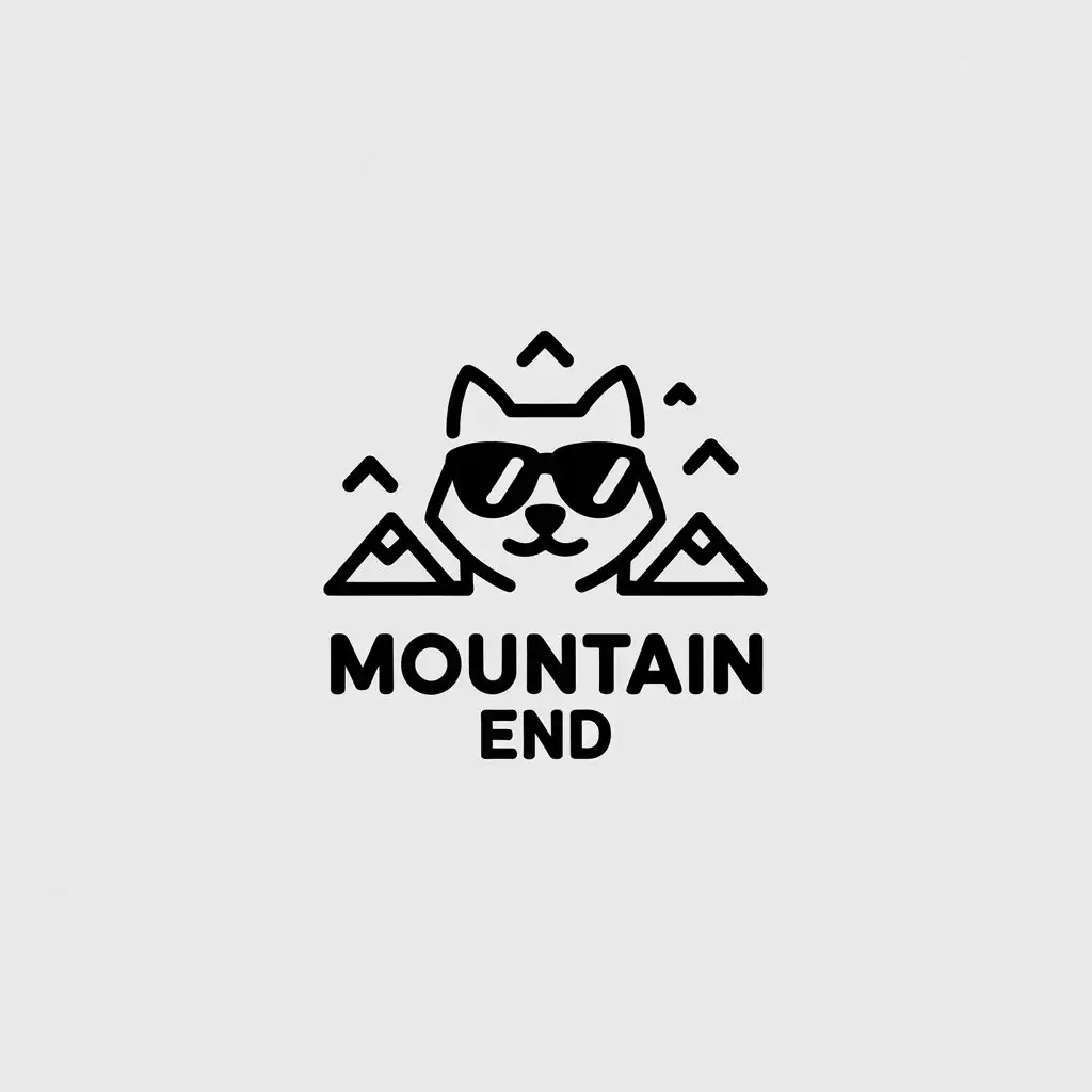 a vector logo design,with the text "mountain end", main symbol:Shiba inu with sunglasses, small mountains behind,Minimalistic,be used in Travel industry,clear background