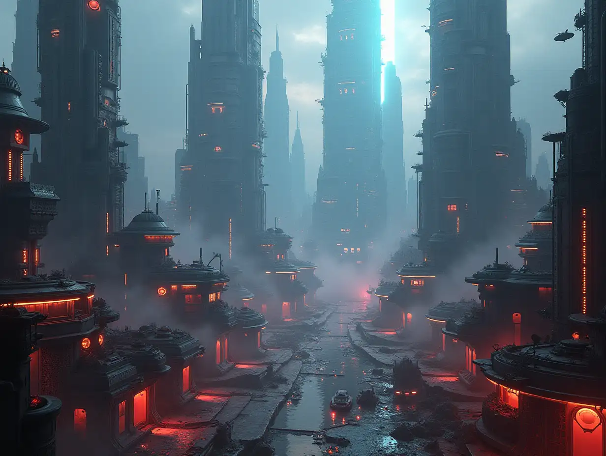 modern, hi-tech, sci-fi futuristic cityscape is a field for epic massive multiplayer network role playing battle, houses, portals, paths, evacuation zones, flying vehicles, wheeled vehicles, colorful, surreal, very intricate, full of details, artful, non-standard, gothic, sexy, hazy and atmospheric, panorama