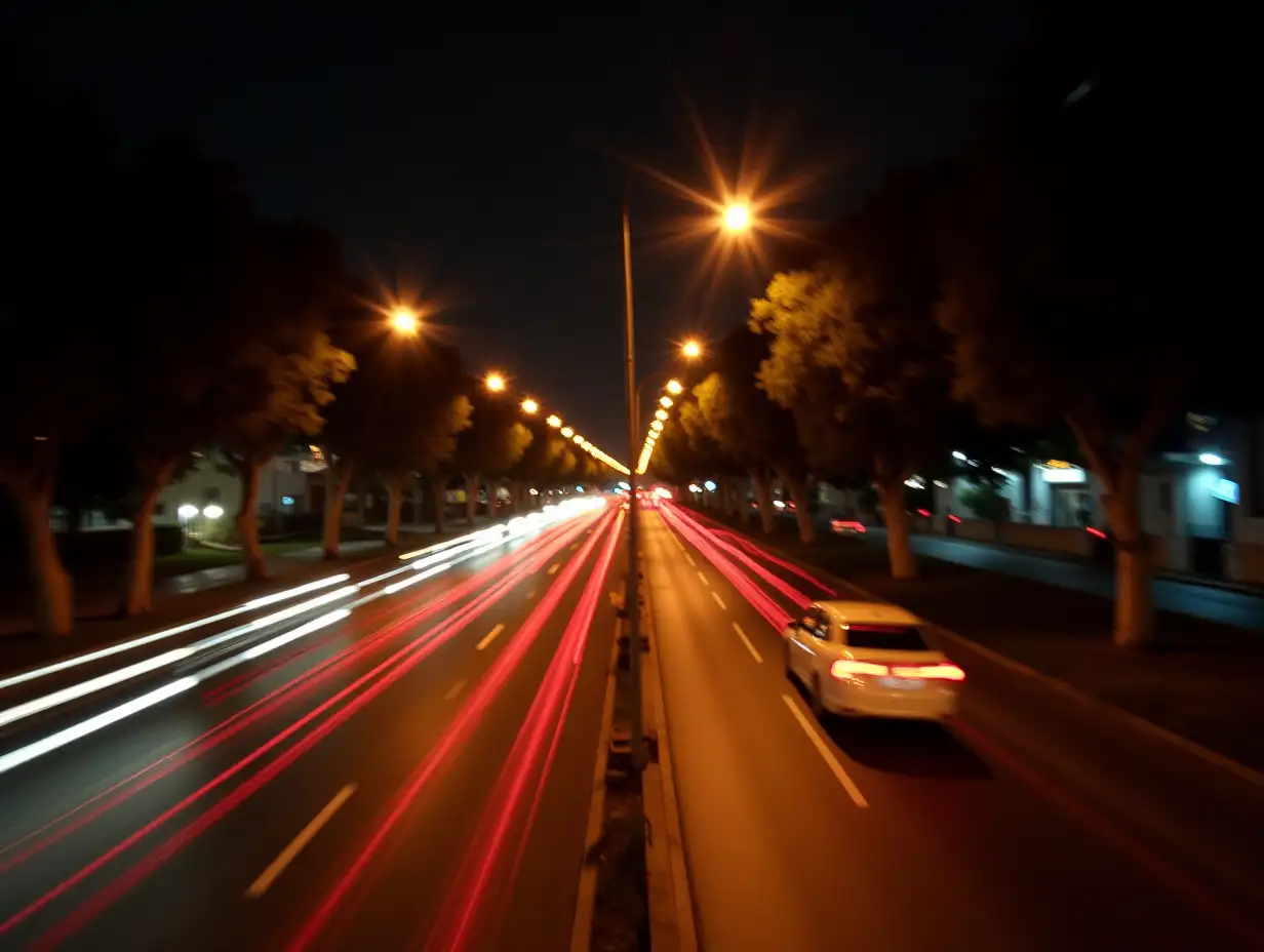 Busy night street captured with a long exposure effect. The cars’ lights are blurred, creating a sense of motion and flow. The buildings and trees remain sharp, providing contrast. The scene is bathed in warm artificial light, enhancing the ethereal atmosphere. iso 50 8s, Nikon D1