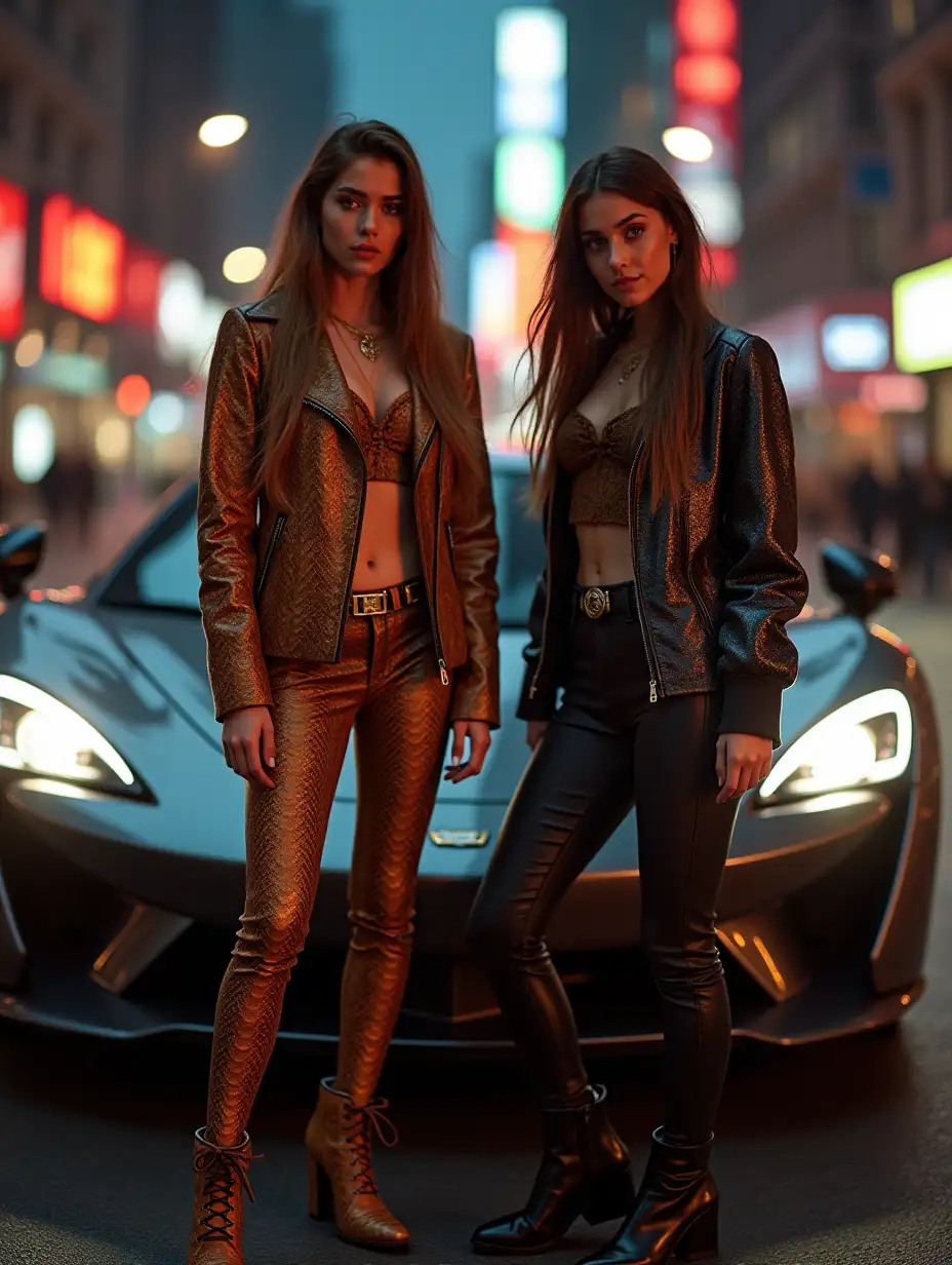 Fashionable Boys and Girls Posing with Super Car in City Lights