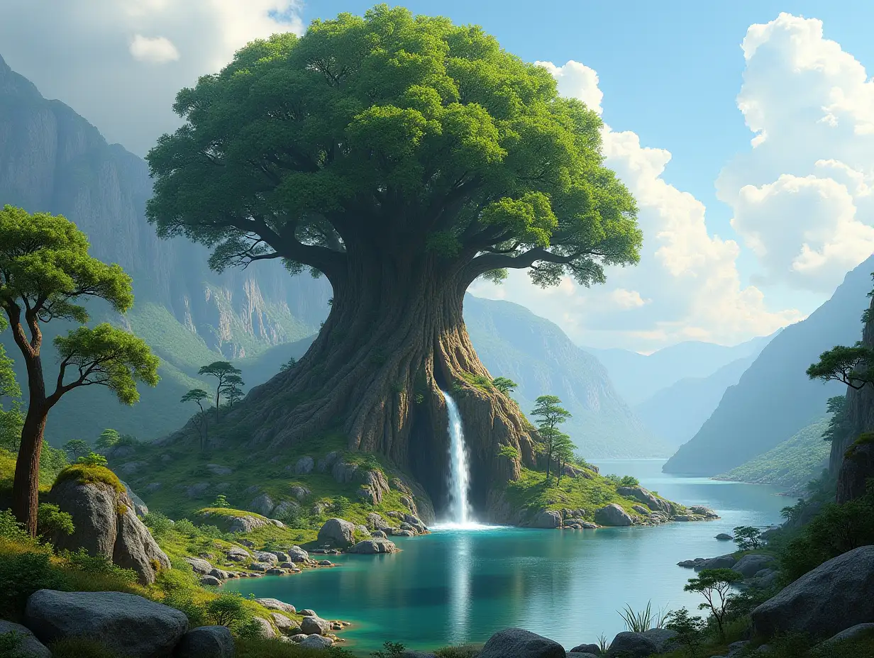 Building TreeHead with lake and waterfalls