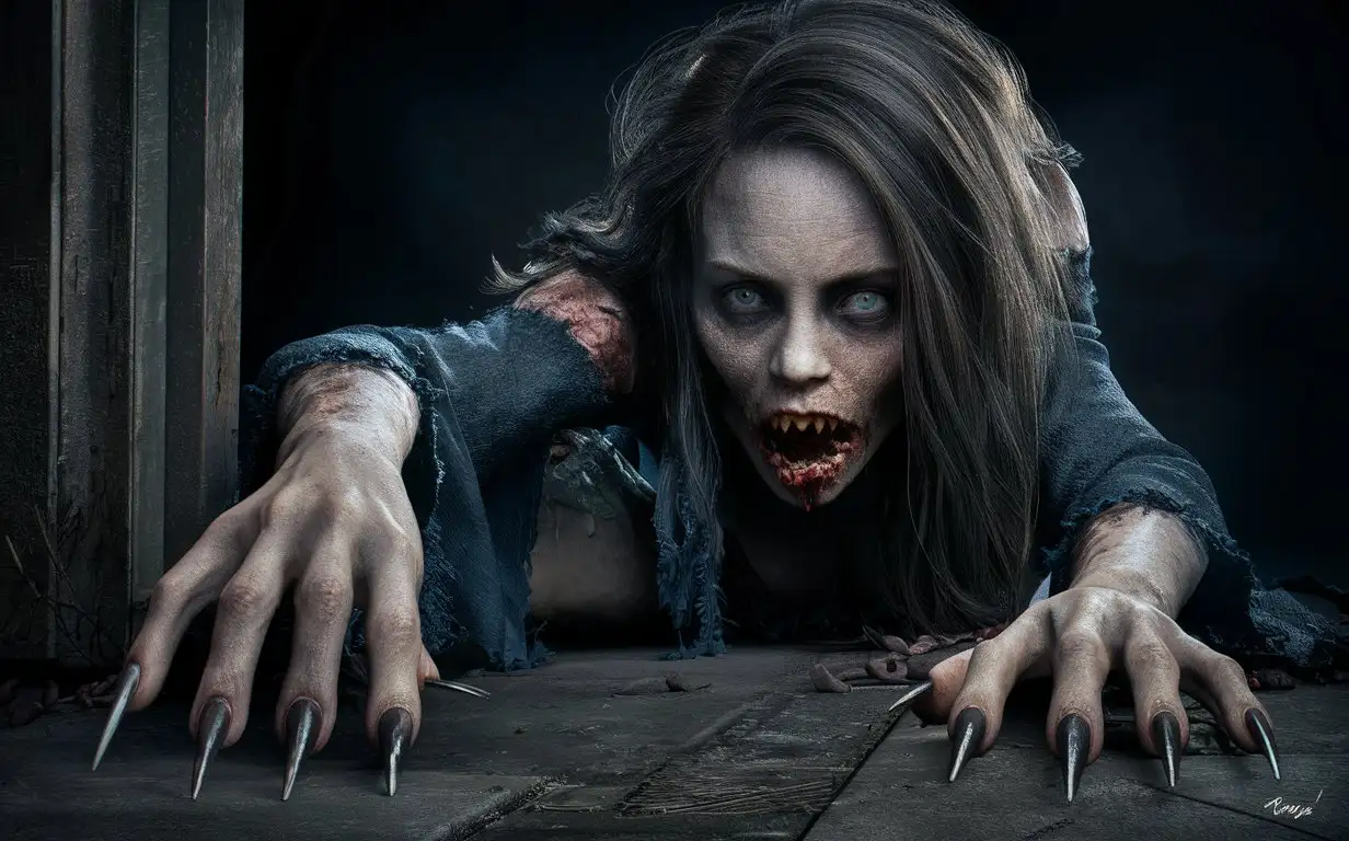 HyperRealistic-Female-Zombie-with-Sharp-Nails-in-Dilapidated-Building