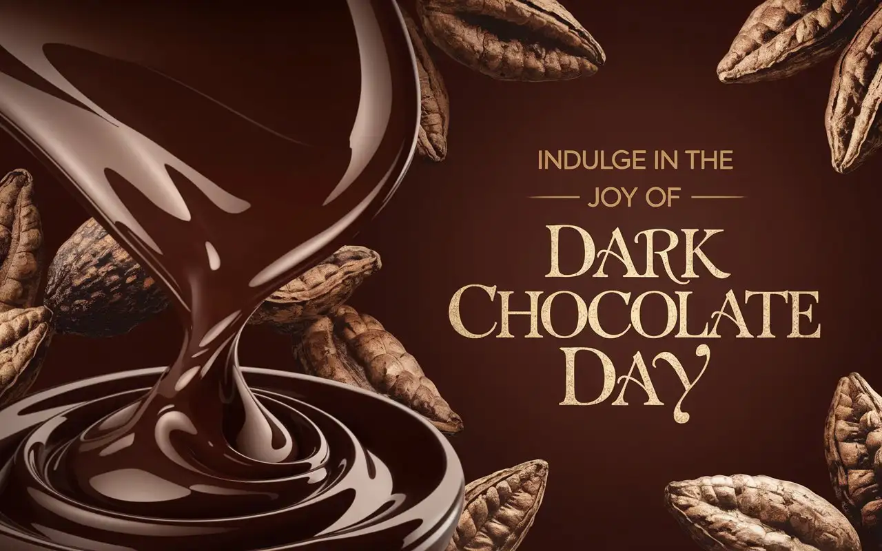 A luxurious poster featuring a melting dark chocolate swirl with cocoa beans and leaves at the edges. The text Indulge in the Joy of Dark Chocolate Day is written in elegant, gold-accented font on a deep brown background.