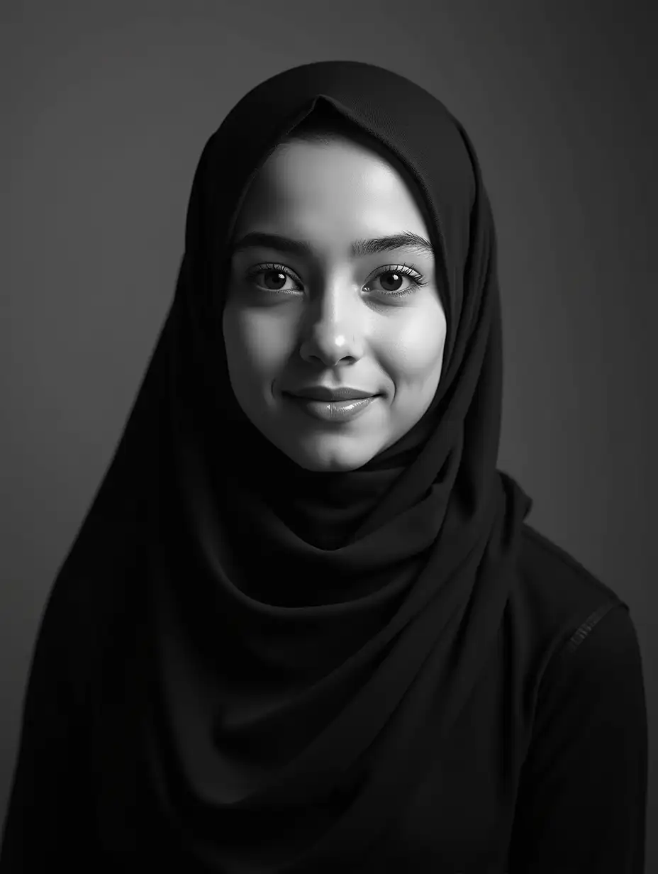 Muslim girl wearing hijab and in black and white sharp photo