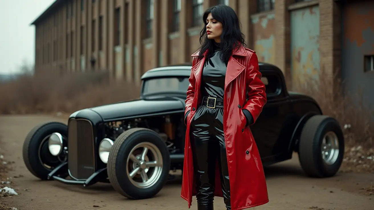 realistic photo, woman standing next to rat rod , wearing black shinny pvc jumpsuit , red shiny pvc trench coat , wearing black shinny pvc thigh high boots , black shinny pvc long gloves , outside abandonned factory