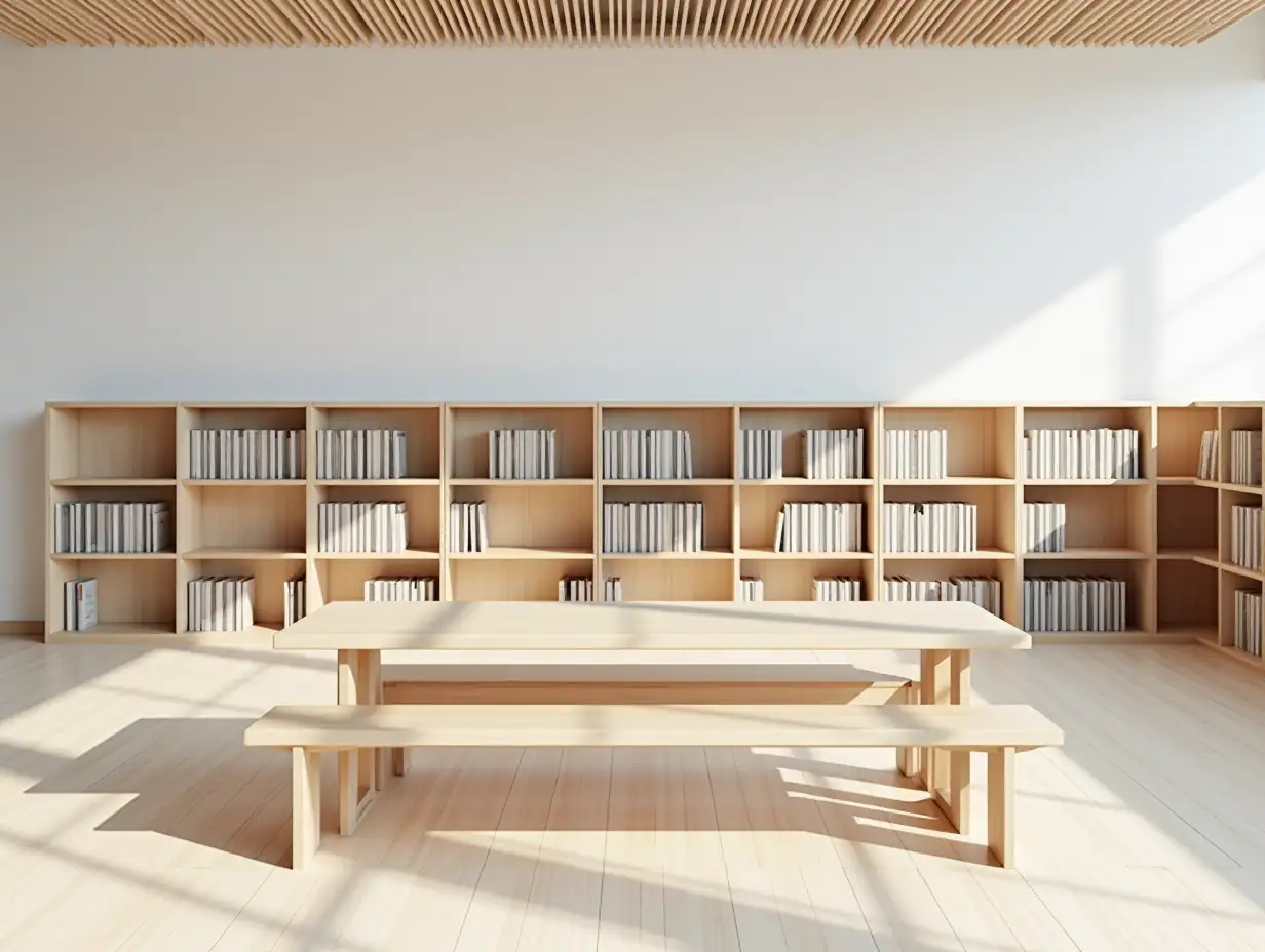 Interior-Design-of-Open-Leisure-and-Learning-Area-with-Bookshelves-and-Wooden-Table