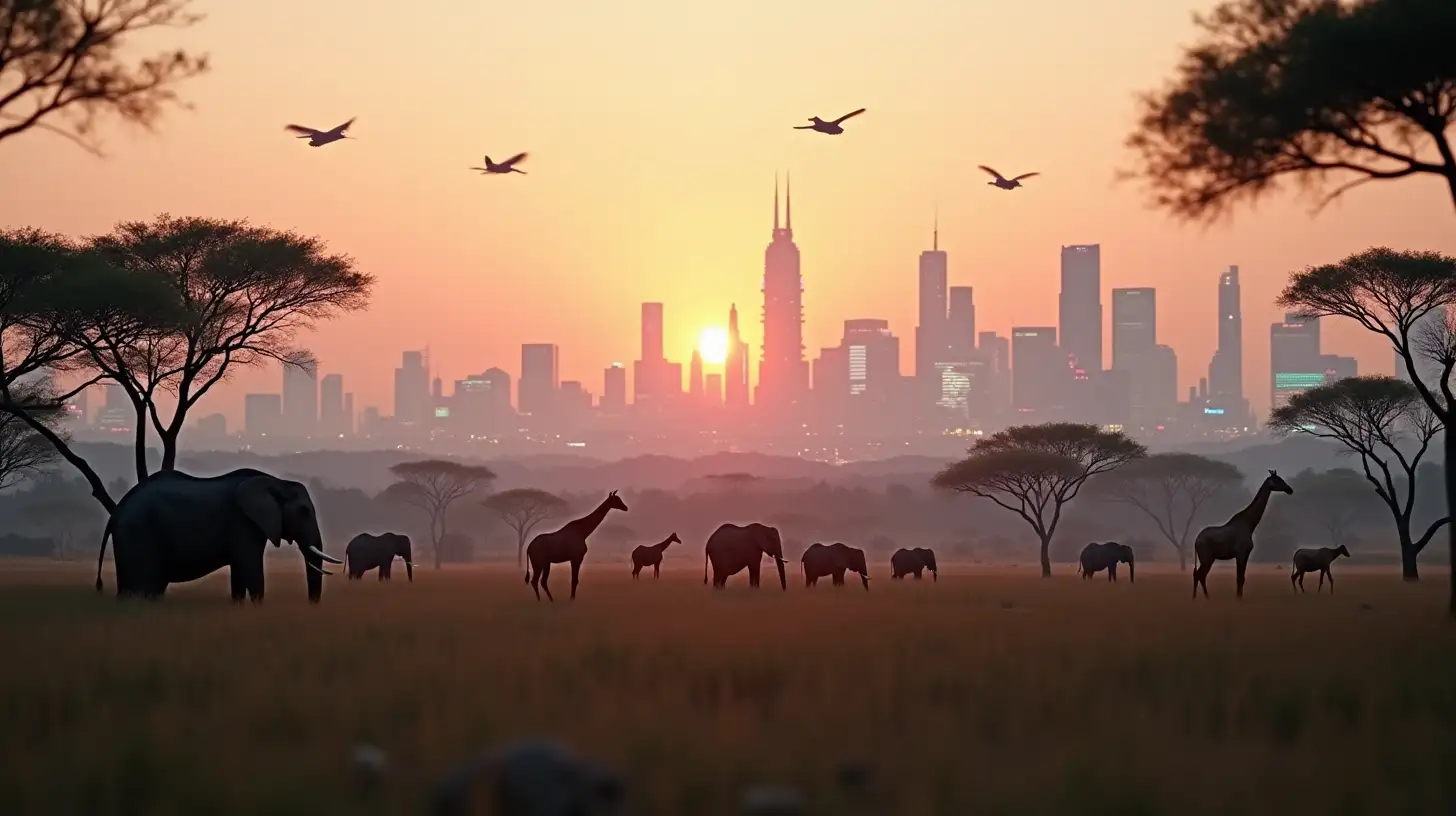 Futuristic Nairobi Skyline with Wildlife and Acacia Trees