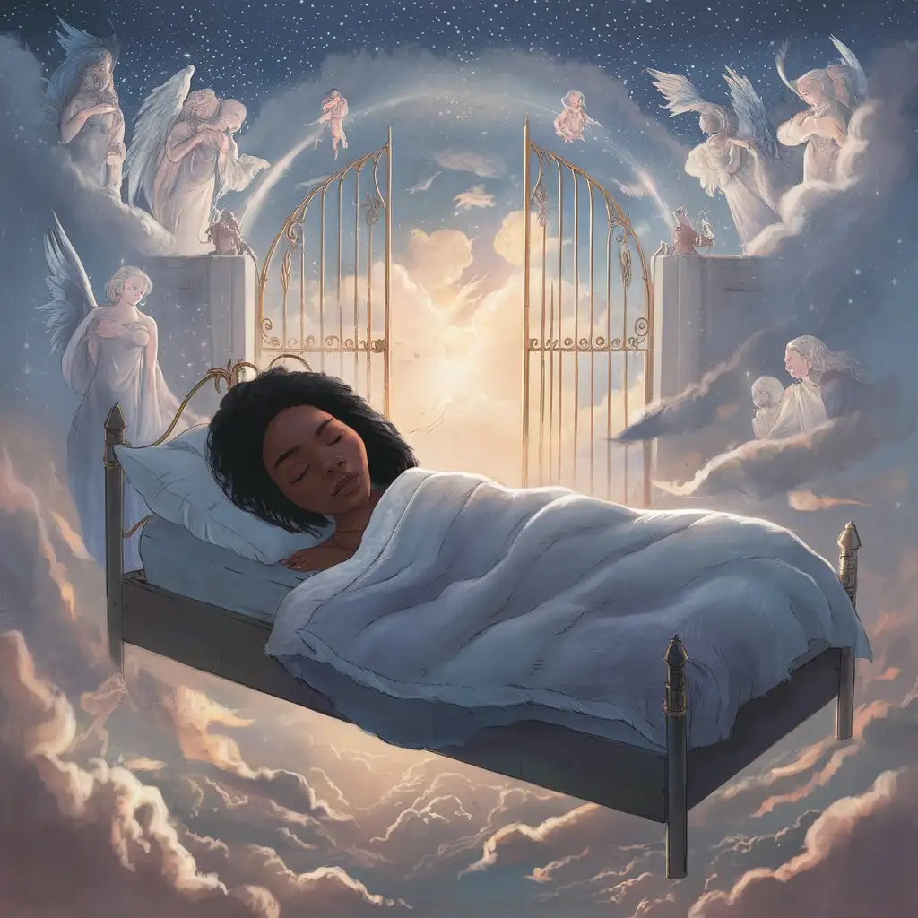 Black Woman Dreaming in Bed with Open Sky
